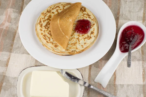 Celebration Carnival Fresh Cooked Real Russian Pancakes Made Yogurt White — Stock Photo, Image