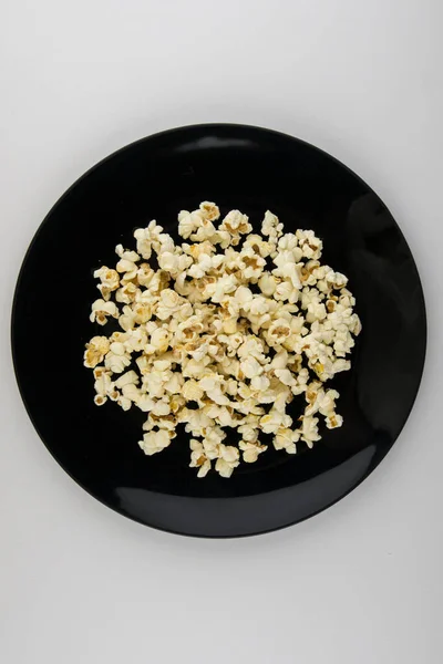 Home Cooked Microwave Popcorn Black Bowl White Top View — Stock Photo, Image