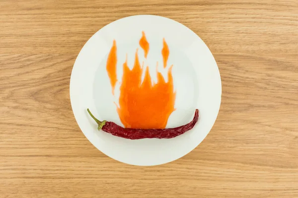 Besonders Pikante Sauce Getrocknete Chilischoten Flammen Gehüllt Gezogen Mit Einer — Stockfoto