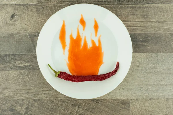 Besonders Pikante Sauce Getrocknete Chilischoten Flammen Gehüllt Gezogen Mit Einer — Stockfoto