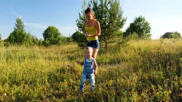 Madre Hijo Edad Año Recogen Comen Fresas Silvestres Bosque — Vídeos de Stock