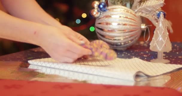 Grandmother Wrapping Gift Her Granddaughter Christmas New Year Concept Preparing — Stock Video