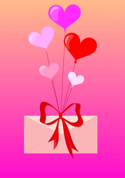 粉红色的浪漫背景与气球和弓信封 — 图库矢量图片