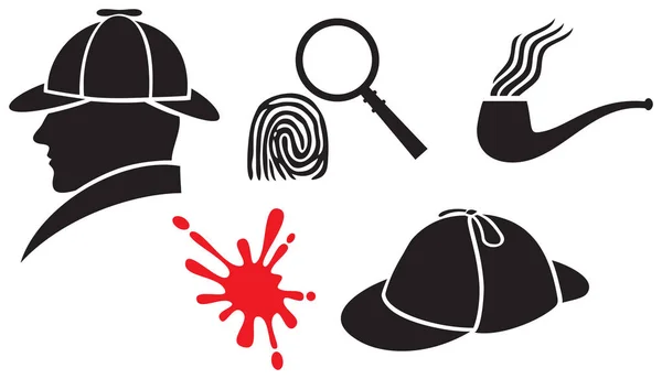 Sherlock Holmes Icons Hat Magnifier Blood Fingerprint Pipe — Stock Vector