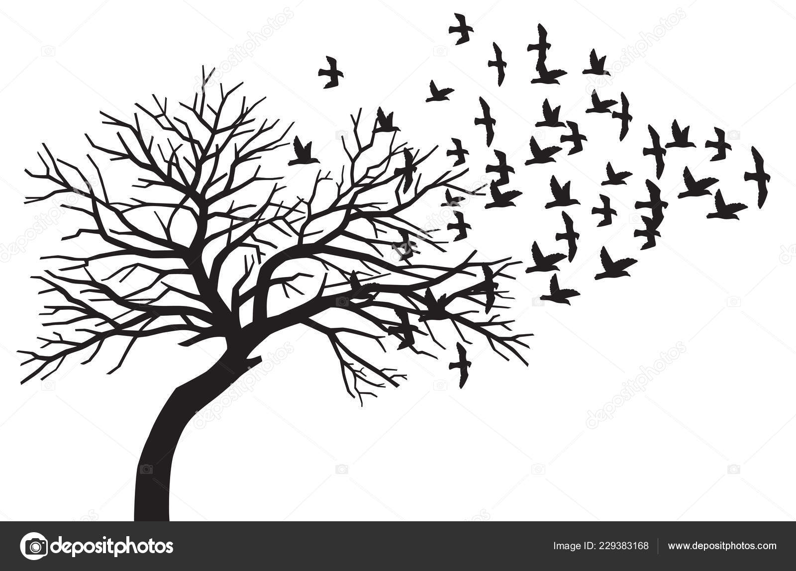 Scary Bare Black Tree Silhouette Flock Flying Birds Stock Vector Image ...