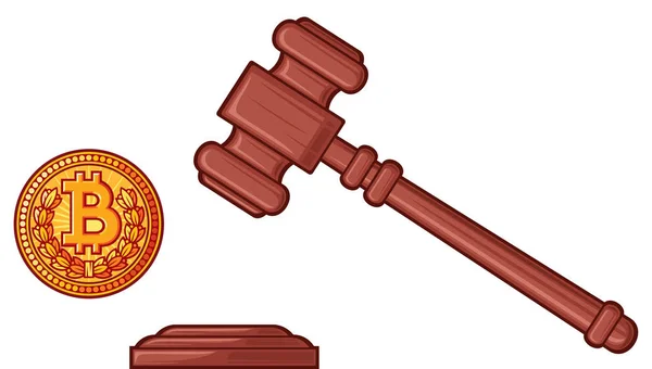 Młot Sędziego Bitcoin Koncepcja Kryptowaluty Prawodawstwa — Wektor stockowy