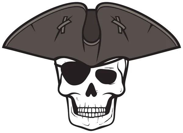 Cranio Pirata Con Cappello Triangolo Benda Sull Occhio — Vettoriale Stock