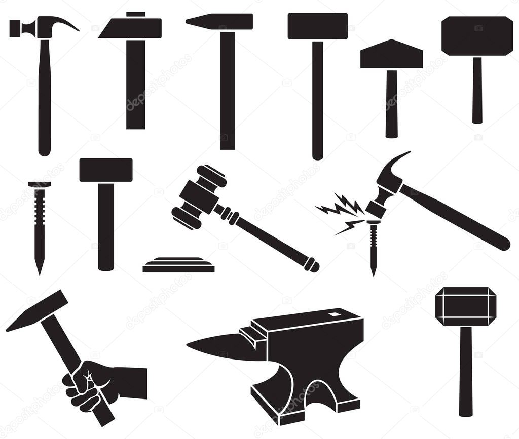 Hammers icons set - black silhouettes (gavel, nail, weapon of Thor)