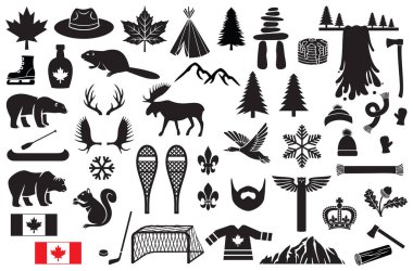 Canada vector icons set (maple leaf, hockey, mountain, tree, beaver, polar bear, grizzly, waterfall, hockey stick, puck, goal, moose, ranger or mountie hat, skates, snowflake, flag, snowshoe, scarf) clipart