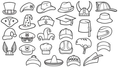 Şapka farklı türde ince çizgi Icons set (kovboy, korsan, beyzbol şapkası, Şef, polis memuru, askeri bere, Sihirbazı, Robin Hood, viking kask, fötr şapka, Kaptan, fedora, fez, bisikletçi)
