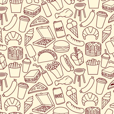 Fast food ince Icons set (hamburger, pizza, sosisli sandviç, Çin yemeği, kızarmış tavuk budu, Mangal, sosis, dondurma, krep, patlamış mısır, kahve, patates kızartması, sandviç, taco)