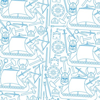 arka plan deseni ile viking ince çizgi kutsal kişilerin resmi (kılıç, yuvarlak ahşap kalkan, uzun gemi, boynuzlu miğfer, topuz, çekiç, ok, yay, balta, kule, eski kale ile baş) 