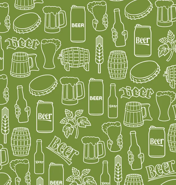 Background Pattern Beer Icons Hops Leaf Wooden Barrel Glass Bottle — Stock Vector