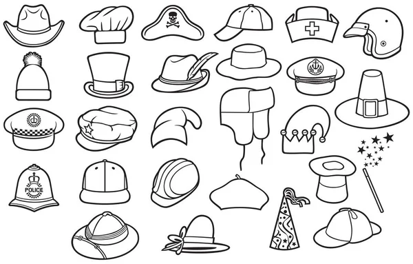 Différents Types Chapeaux Ligne Mince Icônes Ensemble Cow Boy Pirate — Image vectorielle