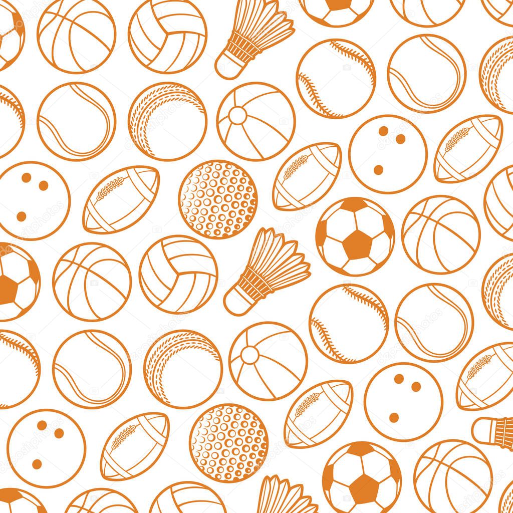 background pattern with sport balls thin line icons (beach, tennis, american football, soccer, volleyball, basketball, baseball, bowling, cricket, badminton)