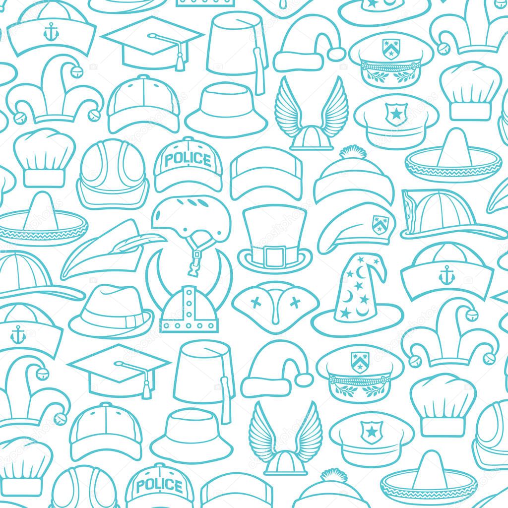 Background pattern with different types of hats icons (cowboy, pirate, baseball cap, gentleman, chef, medical nurse, police officer, beret, magician, safari, hunter) 