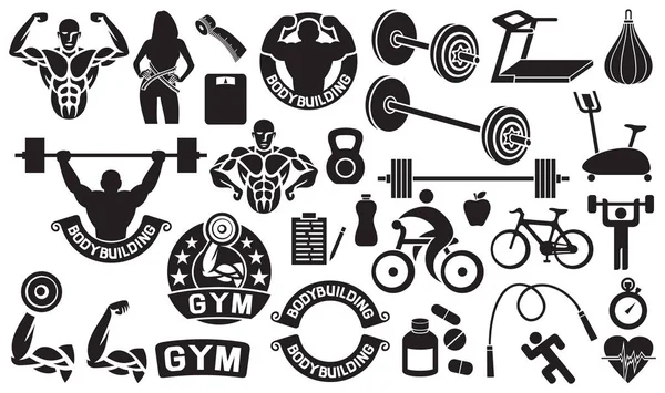 Bodybuilding Gesundheits Und Fitness Symbolset Gewichtheber Mit Langhantel Läufer Sportler — Stockvektor