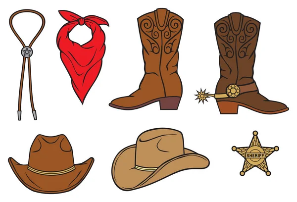 Cowboy Vektor Symbole Sheriff Abzeichen Stern Bolokrawatte Rotes Kopftuch Stiefel — Stockvektor