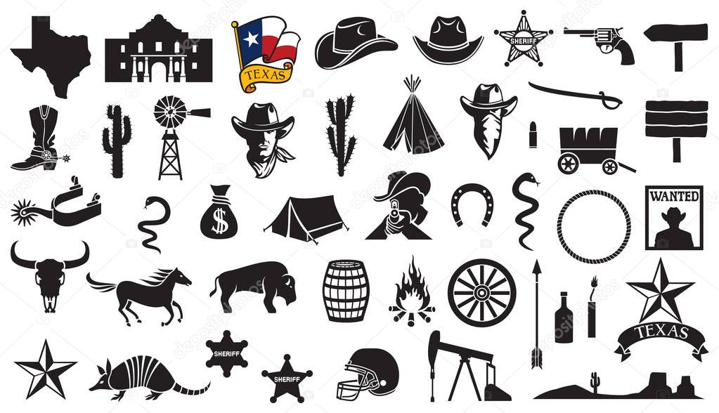 Texas vector icons set (flag, the Battle of the Alamo design, map, spurs, cowboy head, horse, gun, arrow, cactus, sheriff star, hat, boot, horseshoe, football helmet, oil pump jack, bull skull)