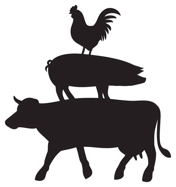 Çiftlik Hayvanları Vektör Tasarımı Siluetleri Inek Horoz Domuz — Stok Vektör