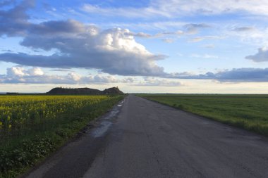 Yol, tecavüz tarlaları, gün batımında bulutlu gökyüzü.