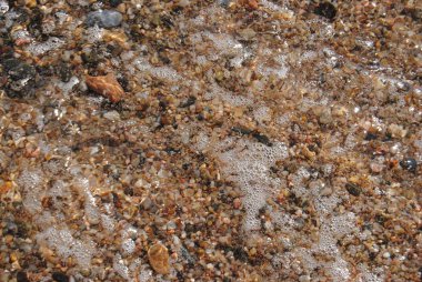 Dalgalar ve sahilde kum üzerinde şeffaf su. Doku. su köpüğü. Güneşli bir gün