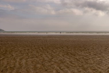 Bir adam ve bir kadın bir köpekle kumsalda yürüyorlar. Aile günün tadını çıkarıyor. Kilbrittain, Killbrittain plajı, İrlanda.