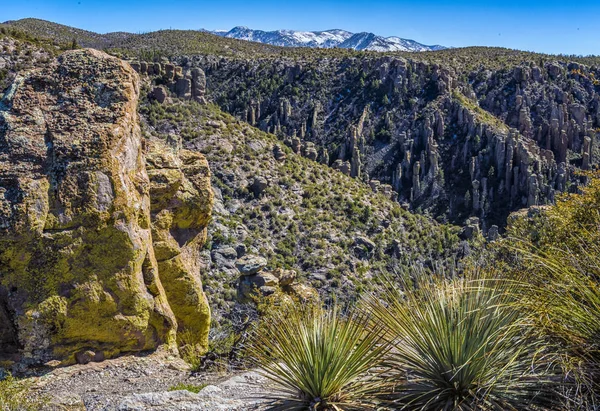 Pináculos Rocosos Ofrecen Magníficas Vistas Los Picos Cubiertos Nieve Valle Imagen de archivo