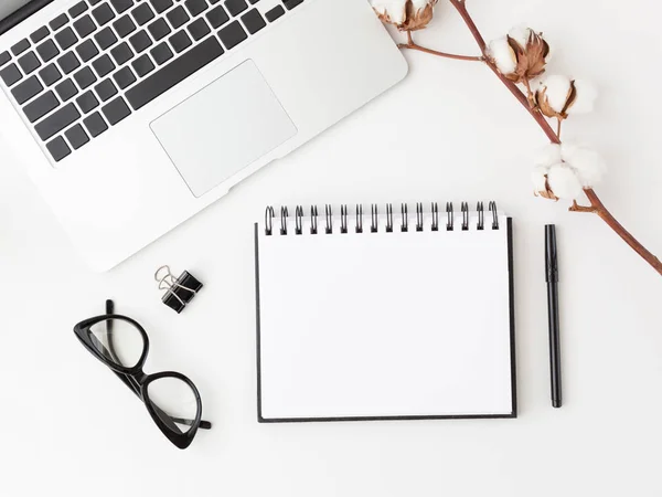 Laptop, eyeglasses, cotton branch, notepad and pen.