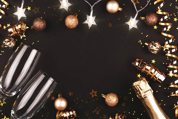 用五彩纸屑 装饰品和香槟做的新年框架 — 图库照片