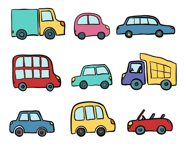Çocuklar tasarım için elle çizilmiş sevimli çizgi arabalar büyük kümesi. Kaydırma, paket, poster, web tasarım, çocuklar kumaş, tekstil, çocuk odası duvar kağıdı için vektör çizim. Çizgi film otomobil, kamyon, otobüs kümesi.