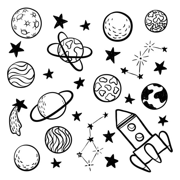 büyük el kümesi çizilmiş doodle boş alan öğeleri alan, roket, yıldız, gezegen, uzay sondaları siyah ve beyaz arka plan üzerinde izole