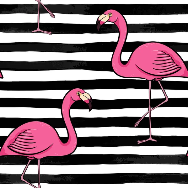 Hand Drawn Pink Flamingo Silhouette Background Black White Stripes Design — Stock Vector