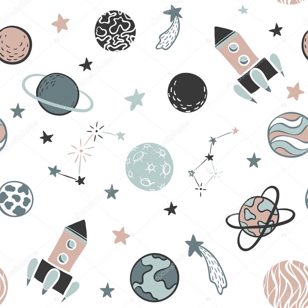 Childish seamless pattern. hand drawn space elements space, rocket, star, planet, space probe. Trendy kids vector illustration for wrapping, poster, web design, kids fabric, textile, nursery wallpaper