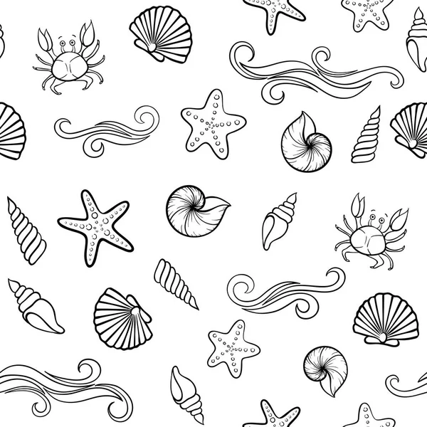 Blanco Negro Seashell Patrón Sin Costuras Diseño Para Tarjeta Felicitación — Vector de stock