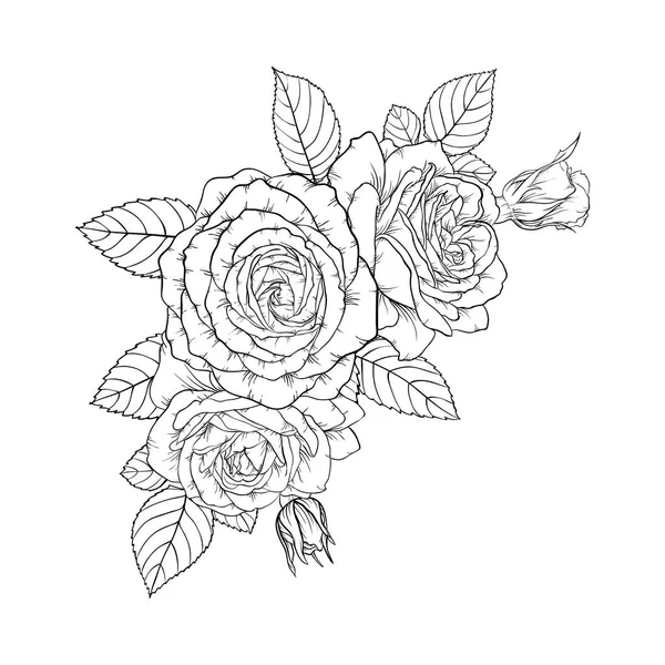 Schöne Schwarz Weiße Bouquet Rose Und Blätter Blumenschmuck Isoliert Auf — Stockvektor