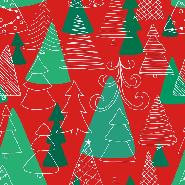 手のシームレスなパターンには スケッチのクリスマス ツリーが描かれています デザイン ホリデー グリーティング カードと招待状メリー クリスマスと幸せな新年 季節の冬の休日 — ストックベクタ