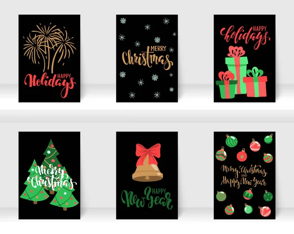 Set Christmas Happy New Year Greeting Cards Calligraphy Hand Drawn — Stock Vector
