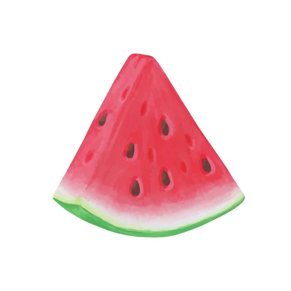 Scheibe Wassermelone auf weißem Hintergrund, Sommerfrüchte, Vektorillustration. Design für Grußkarte und Einladung zum saisonalen Sommerurlaub — Stockvektor
