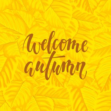Sonbahar ile sarı arka plan merhaba sonbahar metin yaprakları El çizilmiş hat, fırça kalem harfler. tatil tebrik kartı ve sonbahar tatili daveti için tasarım, alışveriş promosyon broşürü