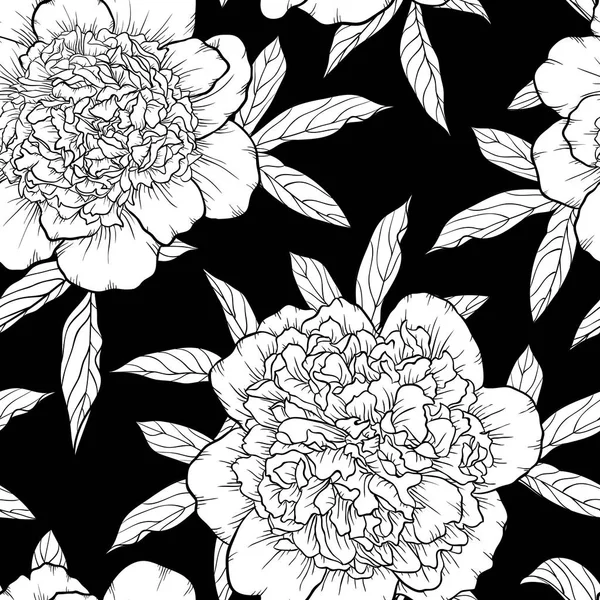 Beautiful monochrome black and white seamless pattern with peonies, leaves. Hand drawn contour lines. design greeting card and invitation of the wedding, birthday, Valentine s Day, mother s day — Stock Vector