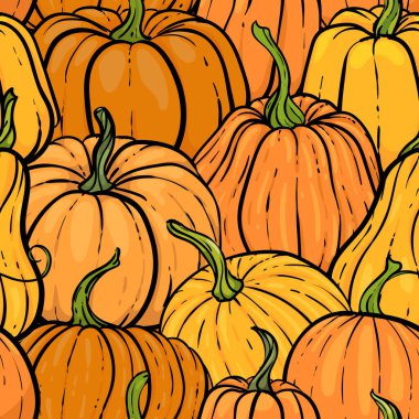 Çizgi film tarzında el çizimi balkabağı desenli kusursuz desen. Güzel sonbahar desenli, kusursuz tekstil. Kutlama kartı tasarımı ve mevsimlik güz bayramı davetiyesi Cadılar Bayramı, Şükran Günü, hasat