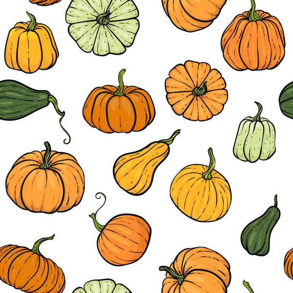 Modello senza cuciture con zucca disegnata a mano in stile cartone animato. Carino modello autunno Tessile senza cuciture. design per biglietto di auguri e invito di festività autunnali stagionali, Halloween, thsanksgiving, raccolto — Vettoriale Stock