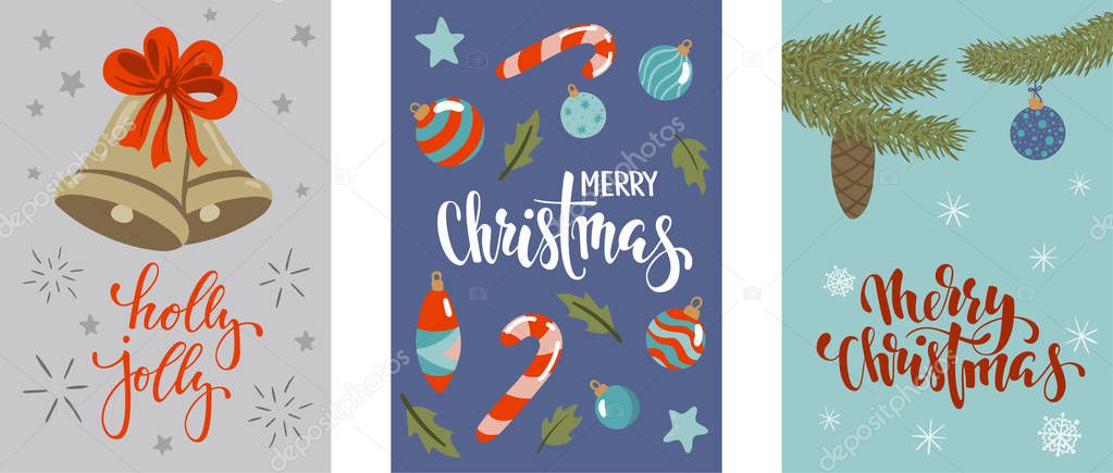 Set of Christmas and Happy New Year greeting cards with calligraphy and hand drawn elements. design holiday greeting cards and invitations of the Merry Christmas and Happy New Year, winter holidays