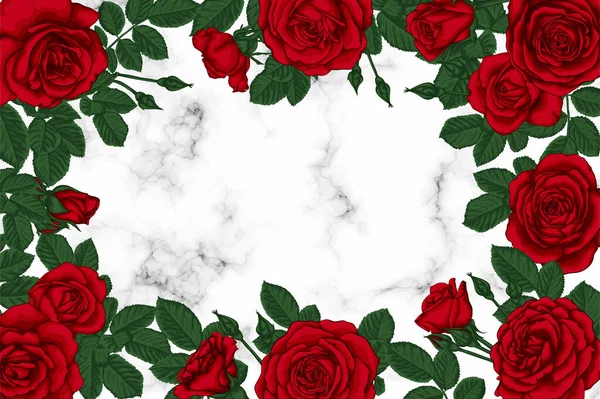 Carte Invitation Mariage Luxe Avec Texture Marbrée Roses Rouges Bourgeons — Image vectorielle
