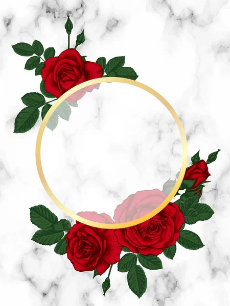 奢华的背景采购产品大理石质地 金圆线框 红玫瑰 设计贺卡和婚宴 情人节 母亲节 周年纪念日 节假日的请柬 — 图库矢量图片