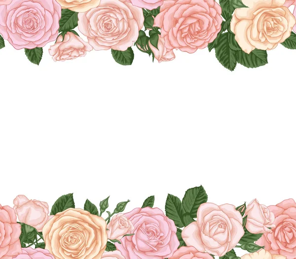 Fondo Sin Costura Horizontal Vectorial Con Rosas Brotes Hojas Rosadas — Vector de stock