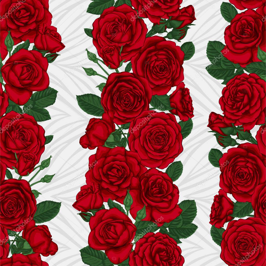 Vector horizontal seamless background with red roses, buds and leaves. design element for greeting card and invitation of the wedding, birthday, Valentine s Day, mother s day and other holiday.