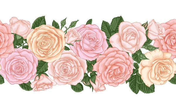 Fondo Sin Costura Horizontal Vectorial Con Rosas Brotes Hojas Rosadas — Vector de stock