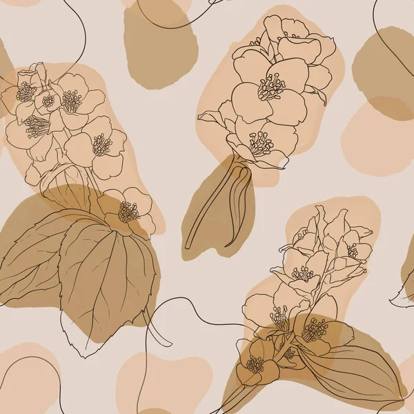 Jasmín Květiny Zanechává Vinobraní Bezešvé Vzor Ručně Kreslit Obrys Větve — Stockový vektor